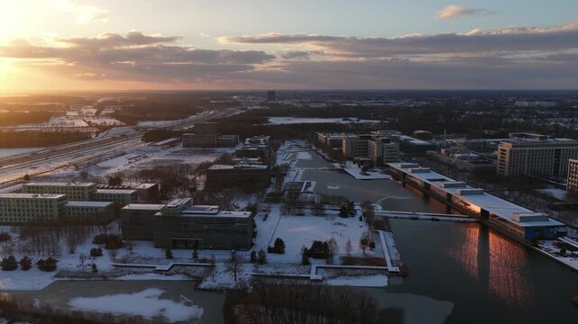 Aerial view of High Tech Campus Eindhoven during winter sunset
