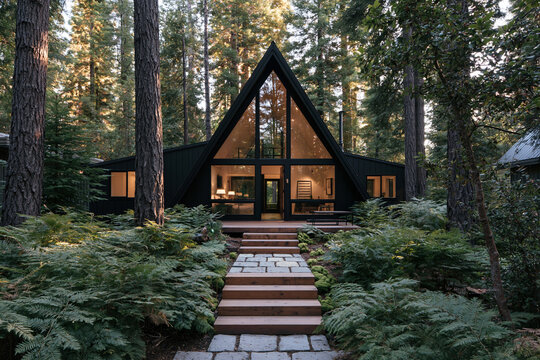 Black A frame cabin house with glass front, stone path, and tall forest trees