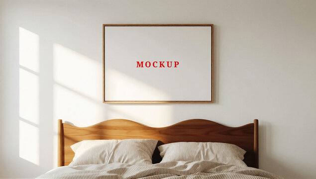 Empty frame mockup above a bed in bright bedroom