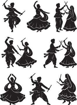 Traditional Indian dandiya dancers silhouettes performing folk dance vector illustration