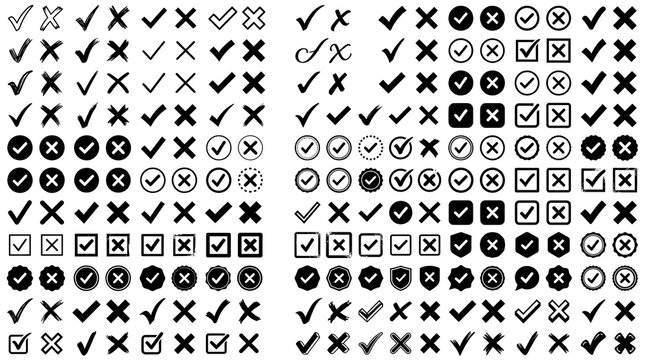 Large selection of check marks and crosses symbols in multiple formats including circles squares and badges for validation.