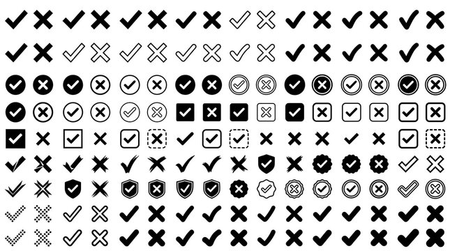 Extensive assortment of check marks and crosses icons in diverse forms and enclosures signifying affirmation or negation.