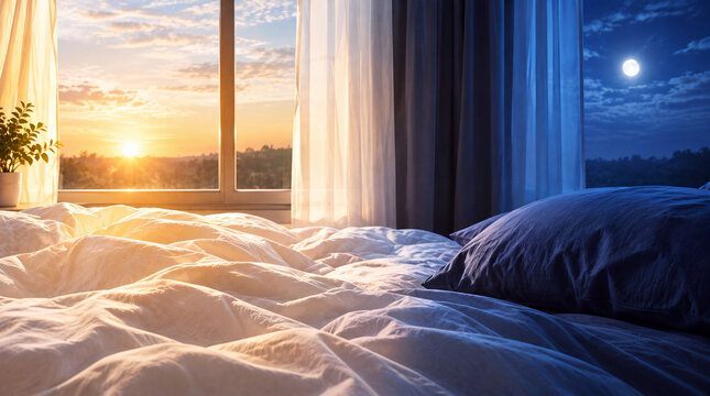 Bedroom with golden morning sunlight and blue moonlight split across bed and window, day and night wellness concept.