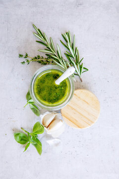 Herb pesto with fresh rosemary, thyme, basil