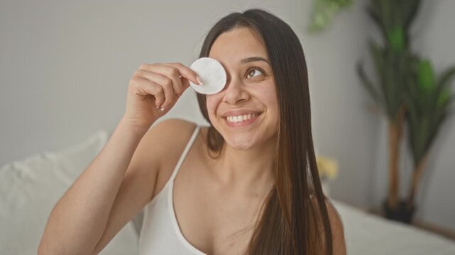 Woman holding a cotton pad over one eye on bed in bedroom, smiling and squinting while wearing a white tank top and showing shoulder; playful relaxation.