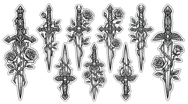 Collection of ornate daggers intertwined with blooming roses, presented in a black and white graphic style.