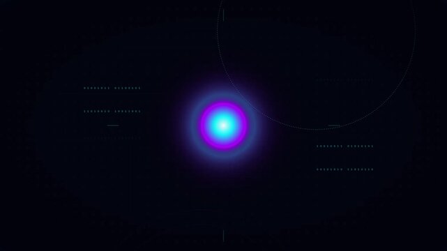 Glowing cyan and magenta energy core pulsing inside a futuristic digital interface surrounded by binary code and rotating geometric radar circles against a dark navy background