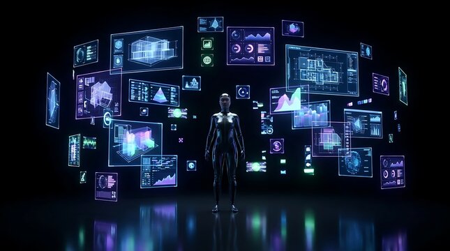 Person interacting with futuristic digital dashboards and holographic wireframe projections in a dark room