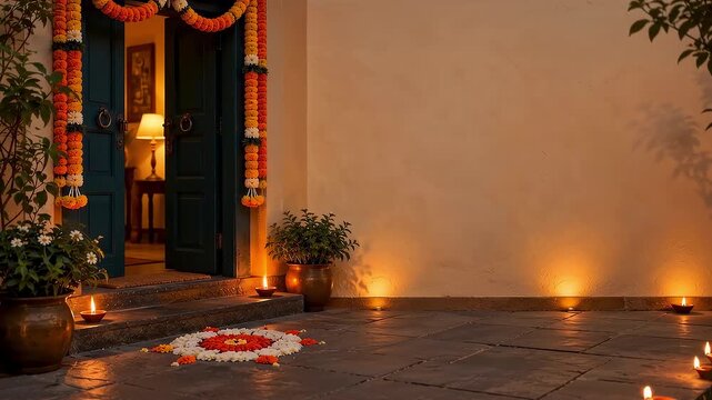 Diwali festival entrance decorated with marigold garland and rangoli pattern on stone floor with traditional oil lamps glowing in night atmosphere for celebration of hindu light holiday evening