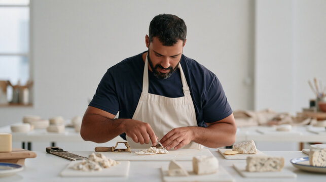 A cheese-making technician in a minimalist studio rehearses spring adjustment motions with a worn inherited tool, the wide establishing shot revealing the spotless space and the