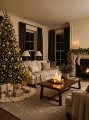 Naklejka premium Decorated Christmas tree in an elegant living room with fireplace and wrapped gifts. Cozy holiday home interior. Christmas celebration and seasonal decorating. Festive family gathering