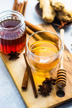 Spiced tea with cinnamon sticks, star anise, honey, ginger