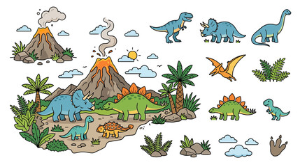 Cartoon Dinosaurs and Prehistoric Landscape Vector Set © frui