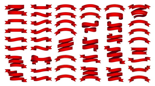 Assortment of red ribbons and banners displaying various curled and folded styles suitable for design.