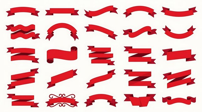 Collection of red ribbons and banners in simple, flat shapes perfect for adding decorative accents.