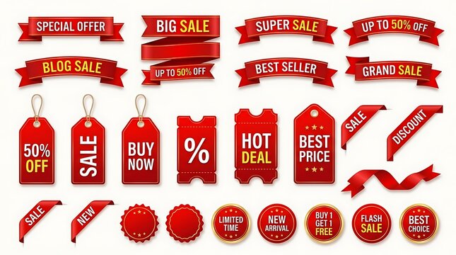 Collection of red sale banners, ribbons, tags, and corner elements with promotional text for retail advertising.