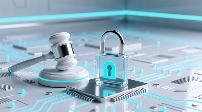 A digital conceptual display of Data Privacy Legislation featuring a gavel and glowing lock on circuit board to signify legal protection for da2 systems
