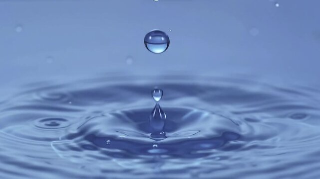 Single blue water drop falling into liquid surface creating ripples