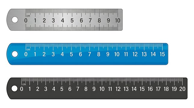 Set of three metal plastic and black rulers measuring in centimeters with detailed markings for school work.