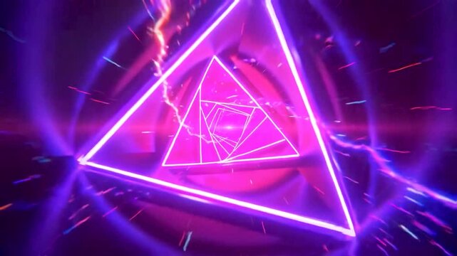 Abstract purple pink neon light tunnel with rotating triangular and square shapes futuristic portal motion background
