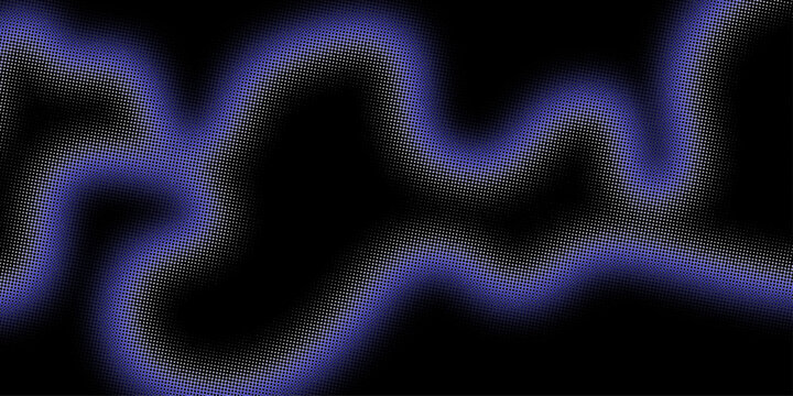Abstract glowing violet blue neon waveform on black background, soft blurred organic light line with irregular flowing curves, futuristic energy signal texture for digital art and modern graphic desig