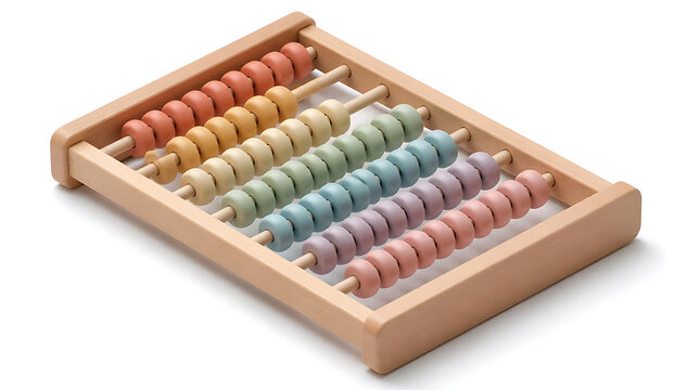A wooden abacus with colorful beads isolated on a white background for educational purposes.