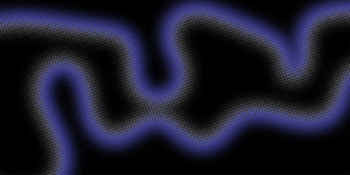 Abstract glowing violet blue neon waveform on black background, soft blurred organic light line with irregular flowing curves, futuristic energy signal texture for digital art and modern graphic desig