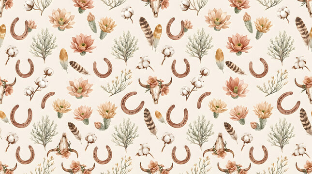 Watercolor western boho seamless pattern with bull skull, horseshoes, blooming cactus, cotton flowers, and feathers on beige background. Rustic country digital illustration for fabric and wallpaper.
