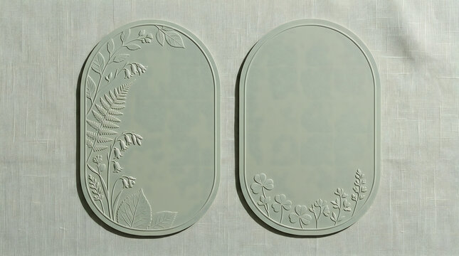 Oval sage green wedding invitation cards mockup with embossed fern, bluebells, and clover botanical relief on textured linen fabric. Minimalist blind deboss stationery digital illustration.