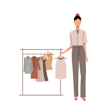 Stylish woman stylist or personal shopper selecting an elegant dress from a clothing rack flat vector illustration