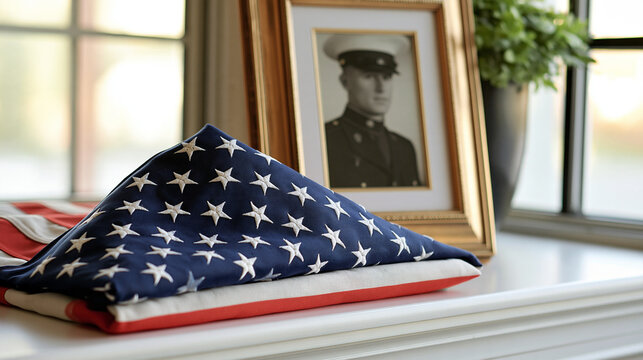 A close-up of a folded American flag resting on a windowsill beside a framed black-and-white military portrait, soft morning light, family remembrance, heritage, sacrifice, quiet