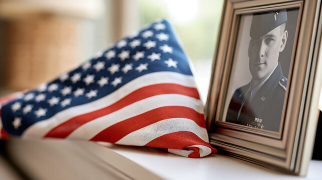 A close-up of a folded American flag resting on a windowsill beside a framed black-and-white military portrait, soft morning light, family remembrance, heritage, sacrifice, quiet