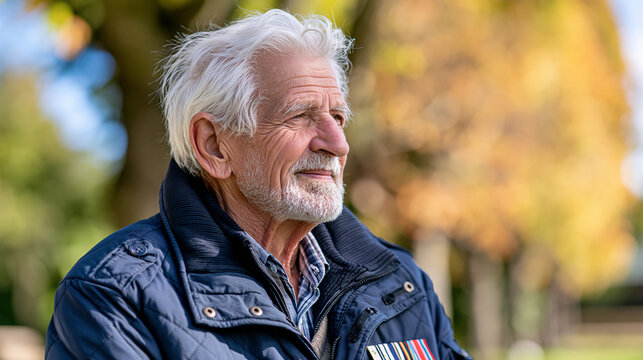 Respectful portrait of an elderly American military veteran wearing a simple navy blue jacket with service medals, standing outdoors in soft autumn sunlight, dignified expression,