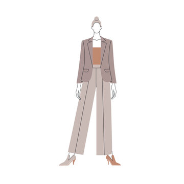 Modern minimalist fashion illustration of a stylish professional woman in contemporary business attire, exuding elegance and confidence with a refined aesthetic