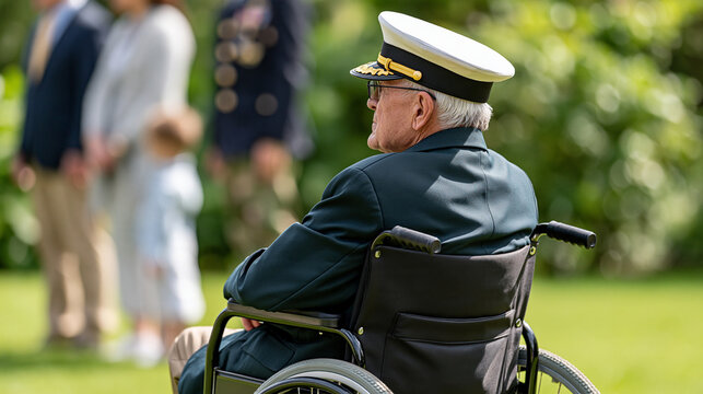 American veteran sitting in a wheelchair during an outdoor recognition ceremony, family members standing nearby, dignity, accessibility, resilience, inclusion, gratitude for