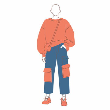 Modern streetwear fashion illustration featuring a person in an oversized orange sweatshirt and blue cargo pants
