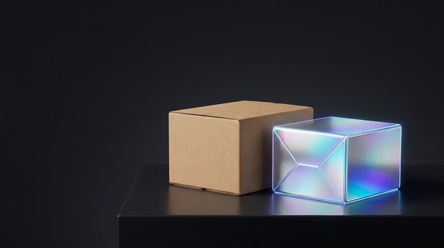 Cardboard box and glowing iridescent cube on a dark surface for product presentation and digital concepts
