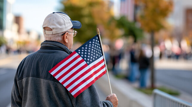 Faceless veteran wearing a baseball cap and holding a small American flag while watching a Veterans Day parade from the sidewalk, autumn street scene, community pride,