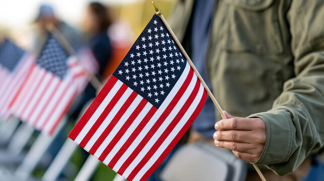 Local volunteers setting up chairs and flags before a Veterans Day ceremony in a town square, early morning preparation, community involvement, civic responsibility, event