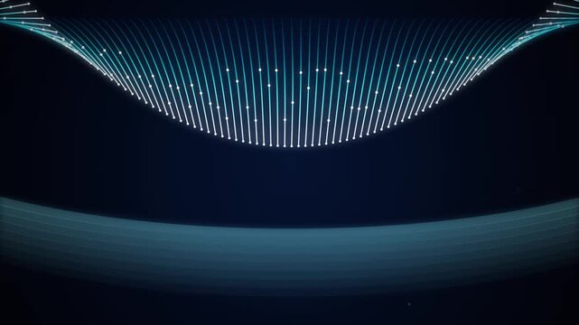 Glowing blue digital wave pattern composed of dynamic interconnected network nodes and glowing light streaks moving across a dark abstract technological background space