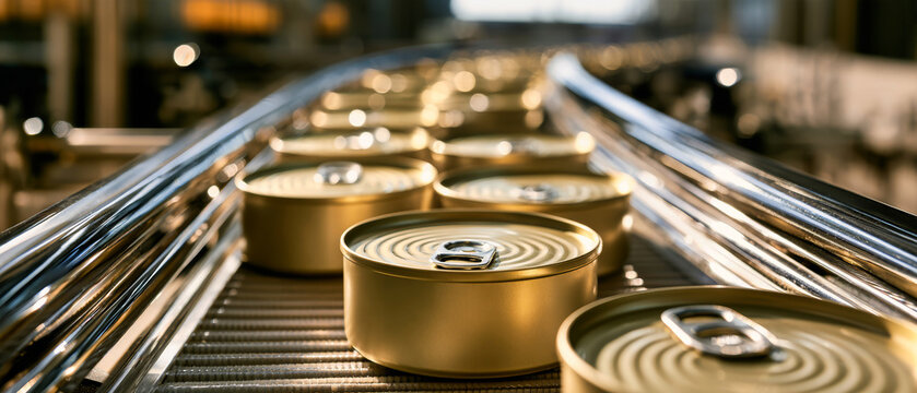Flat gold metal cans with ribbed lids and silver pull tabs travel along a conveyor line in a factory. Bright lights reflect off polished chrome rails