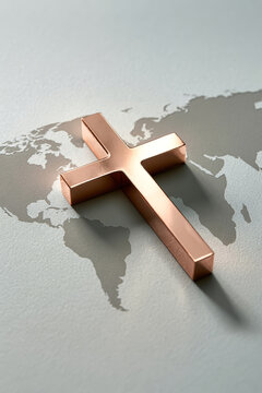 A cross sits on a world map. This setting shows the relationship between spirituality and the larger world. The cross symbolizes faith and belief