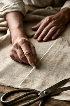 Hands draw a crisp white line on beige fabric with tailor's chalk. Nearby are large tailor's shears and a measuring tape, under soft natural light