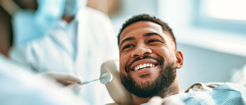 A man sits in a dental chair smiling with a dentist beside him holding a mirror. The clinic is bright and clean, showing a friendly atmosphere