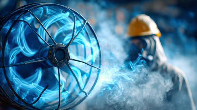 A person in safety gear operates a machine in a factory. Smoke and light create a busy atmosphere. The scene shows the focus on work and equipment use