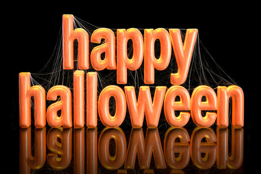 A sign saying Happy Halloween is highlighted with orange colors. It is placed on a dark surface and has some spider web details around it