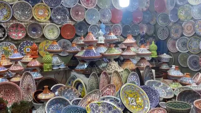 dishes, plates, and colorful tajines from the Maghreb, Tunisia, Algeria, Morocco, Arab