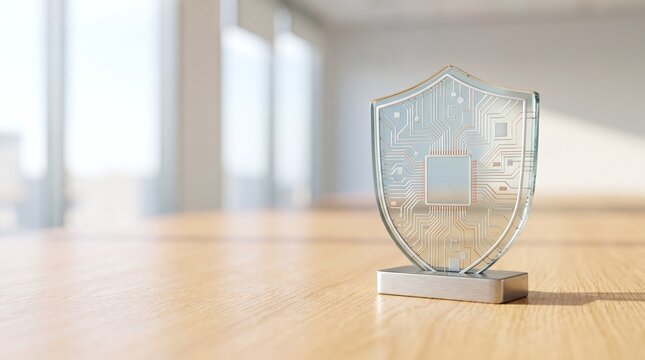 Translucent shield with integrated circuit pattern and central processor on wooden surface