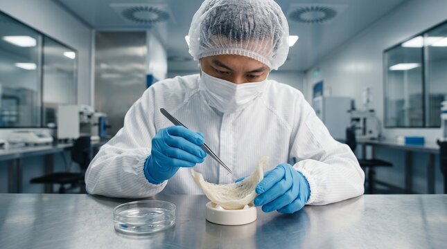 Technician in cleanroom suit using metal tweezers to carefully remove impurities from raw edible bird nest, depicting swiftlet nest purification process