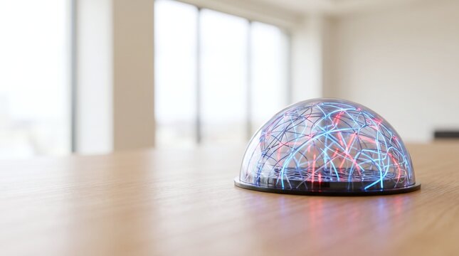 A glowing geodesic dome with interconnected blue and red lines sits on a wooden surface